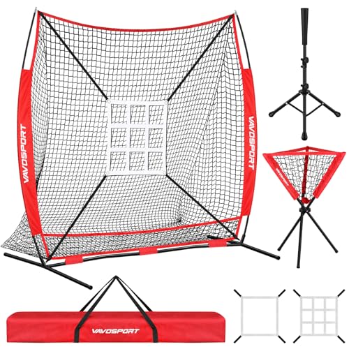 VAVOSPORT 7x7' Baseball & Softball Net for Batting Pitching Hitting - Large Ball Collection Portable Baseball Training Equipment with Strike Zone, Tee, Caddy for Kids Games Youth Practice, Adult Sport by VAVOSPORT - Used condition - US$59.38