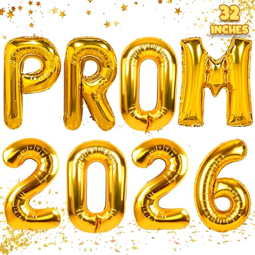 Image of Prom 2026 Balloons Gold 32 Inch Giant - Prom 2026 Decorations Decor for Graduation Party Foil Mylar Balloons Banner Sign