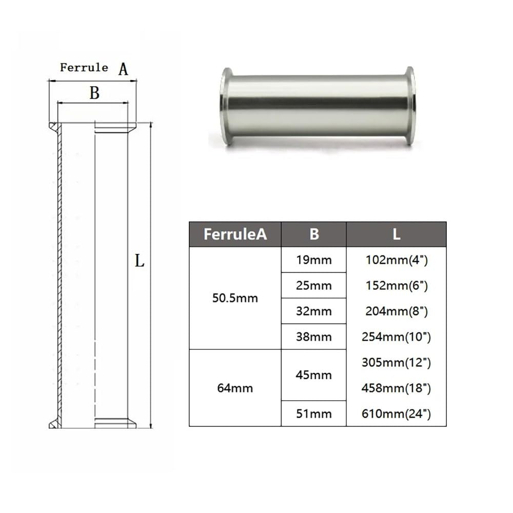 Tubo Tri-Clamp Acero Inoxidable 304, Longitud 4-18", Ø Ext 19-51mm, Acabado Espejo Cerveza Casera Vino Lácteos Procesamiento Alimentos Tubería Sanitaria Fácil Limpiar(32 X Ferrule50.5mm,12 inch)