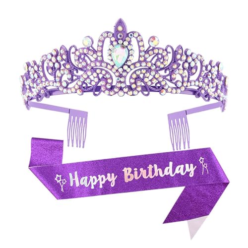 JUYAXIN 豪華なクリスタルラインストーンティアラヘッドバンドとサッシュセット レディースパーティーヘッドウェア 誕生日や特別なイベント用, 合金ラインストーン生地。