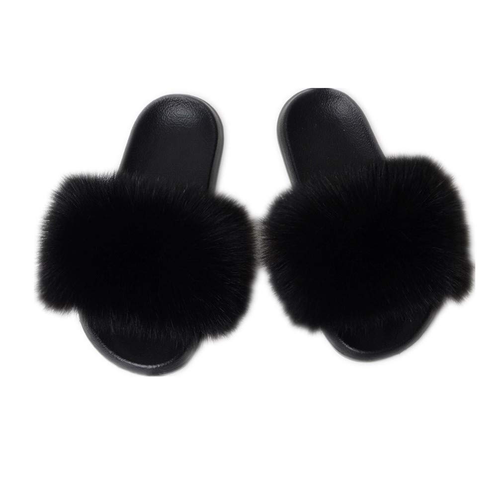 Women's Fur Slide Slipper Sandal with Soft Furry Faux Fox Fur Lovely House Outdoor Slippers for Ladies Multicolor