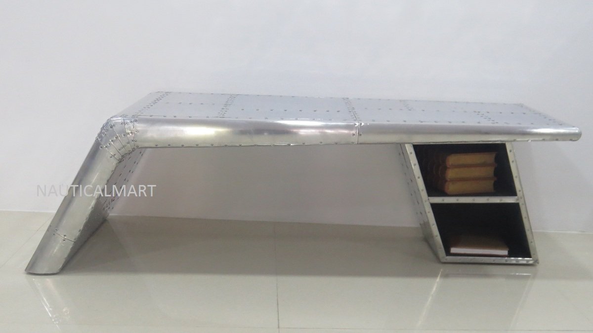 NauticalMart Vintage Aluminum Aviator Wing Desk Coffee Table Industrial Decor