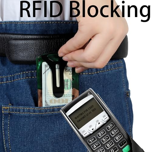 Image of Minimalist Wallet for Men, Slim Metal RFID Blocking Wallet Credit Card Holder Money Clip & Cash Strap, Scratch-Resistant Holds 15 Cards,Ideal Gift for Men | Resin Wood, Unique Pattern,Green