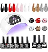 LKE Gel Nail Polish Kit with U V Light 54W Nail Lamp 6 Colors White Black Red Pink Gold Silver Gl...