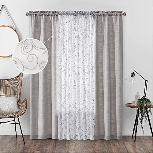 AUFENLLY 2 Embroidery Floral Semi Sheer Curtains and 2 Burlap Privacy Curtains for Window Curtain Panels Set of 4 Curtains for Living Room Curtains 84 Inches Long (Light Grey, W27.5xL84 Inch Each)