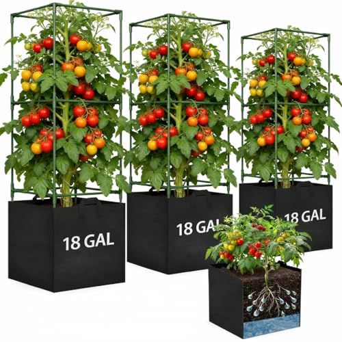 Tomato Cages for Garden, Tomato Planter with Trellis, 48in Tall Square Tomato Trellis with 18 Gallon...