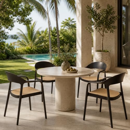 Image of Rattan Style Outdoor Chair | Set of 4 Black Plastic Arm Chair for Garden, Balcony, Patio & Cafe | Lightweight Weather Resistant Seating | 3 Year Manufacturing Warranty