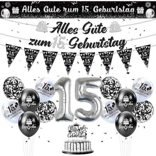 Afritee Deko 15. Geburtstag Junge Mädchen 19 Stück Schwarz Silber Girlande Banner Luftballons Tortendeko Set Geburtstagdekoration Riesen Folienballon Zahl 15. Black and Silver Party Deko