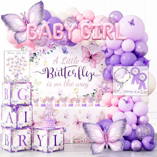 Party Inspo Butterfly Baby Shower Decorations for Girl 146 PCs A Little Butterfly Is on Her Way Baby Shower Party Supplies Includes Purple & Pink Balloons Backdrop Cake Topper Sash Badges