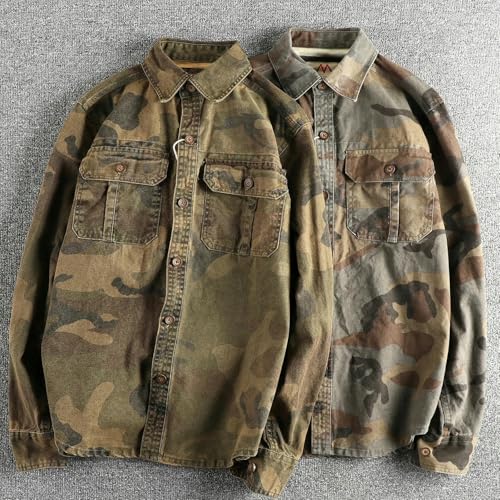 Autumn and Winter Retro Woven Camouflage Cargo Shirt Men's Cotton Washed Old Double Pockets Thin Jacket2