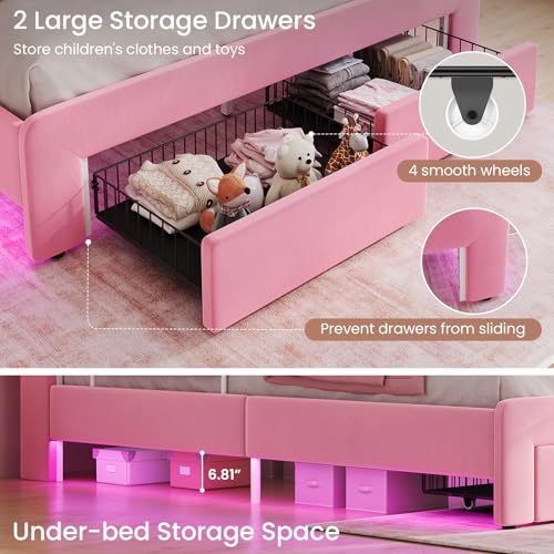 Image of DICTAC Full Size Girls Bed Frame with Storage Drawer and Safety Guardrails, LED Velvet Upholstered Princess Platform Bed with Wavy Storage Headboard and Charging Station,Heavy Duty Metal Support, Pink