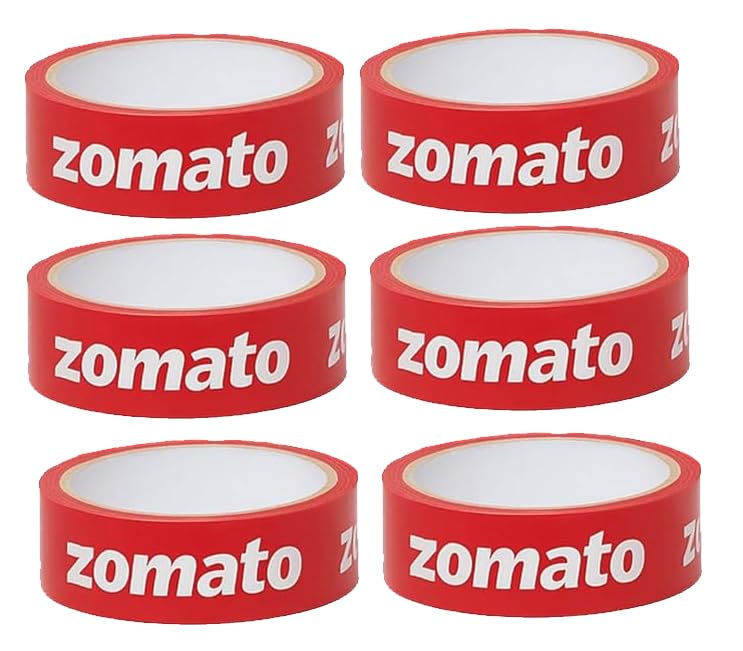 Image of Zomato Printed Packaging Tape - 65 Meters in Length - 24mm (1 Inch) Width- 6 Roll Per Pack- High Strength Adhesive Shipping Tape for Carton Sealing, Courier & Parcel Packing