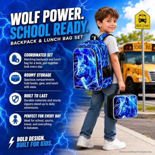 Image of 17 inch Wolf Backpack for School, Kids Boys Lightning Bookbag with Lunch Box, 3Pcs Backpacks for Elementary Preschool Kindergarten (Blue)