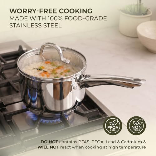 Image of SUNHOUSE 1.5 QT Stainless Steel Sauce Pan with Lid, Small Pot for Cooking | PFOA-Free Uncoated Milk Pan & Butter Warmer, Mini Saucepan with Impact Bonding Base for Induction, Gas, Electric