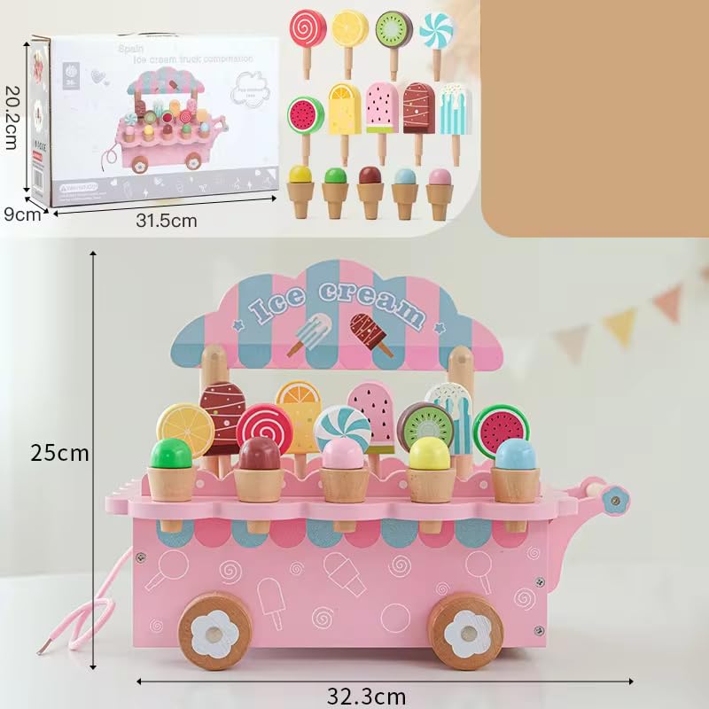 Image of Pink Wooden All in One Ice Cream Cart | Montessori Activity Toy for Kids | Pretend Play Ice Cream Set | Early Learning Educational Toy | Multicolor | 3+ Years