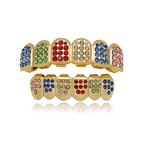 LuReen 14k Gold Rainbow 6 Teeth Grillz Hip Hop Joker Diamond Top & Bottom Teeth Caps Grillz Set