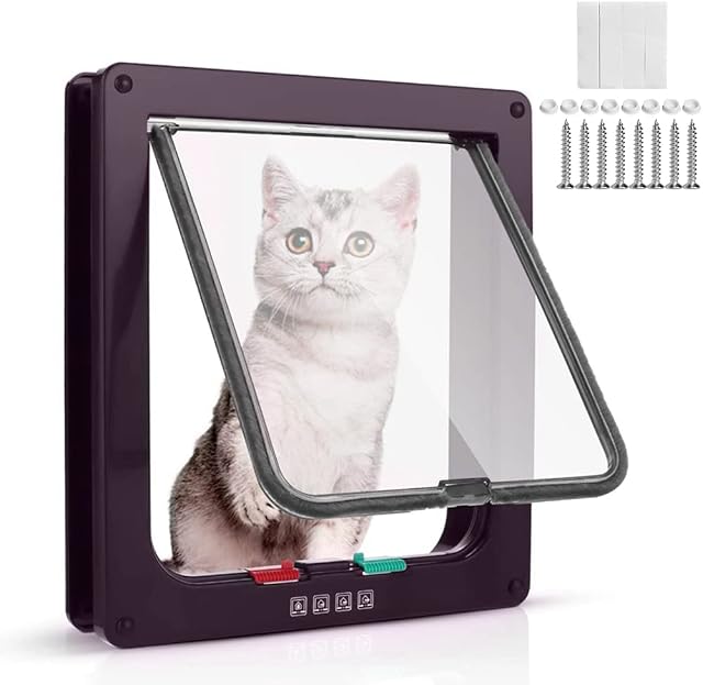 WeeGoo Cat Flap, Lockable Cat Flaps Pet Door for Cats and Small Dogs,4 Way Locking Dog Flap Doors for Interior Exterior, Easy Fitting Weatherproof Silent (Brown)