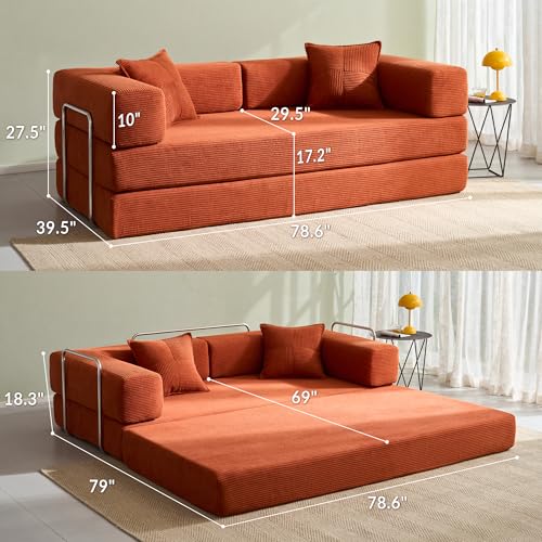 Image of Compression Sofa - Convertible Floor Sofa Bed - with Pillow Back Support Armrest - Comfy Foldable Sofa Bed Compressed Sofa in Box - Corduroy Fabric - for Living Room Bedroom(Orange)