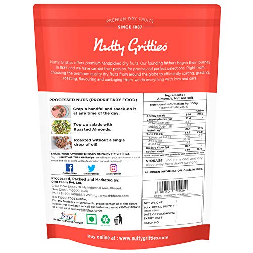 Image of Nutty Gritties California Roasted Almonds 200g (Pack of 5), Lightly Salted, Dry Roasted, Non Fried, Zero Oil, Crunchy Healthy Snack -