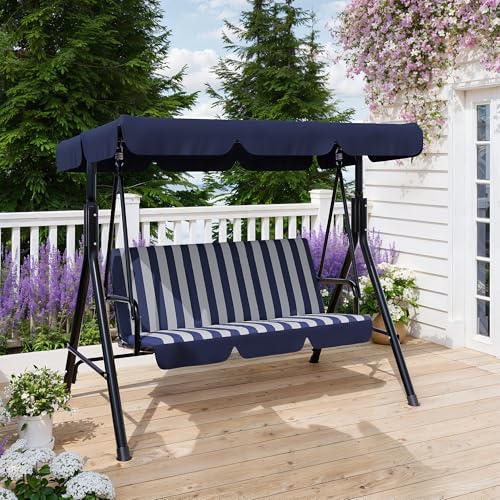Image of Garvee Outdoor Porch Swing with Adjustable Canopy, 3-Seat Patio Swing Chair with Stand, Heavy Duty Outdoor Swing for Adults, Metal Frame Patio Swing for Garden, Backyard & Poolside,Striped Blue