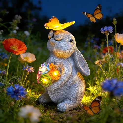 Solar Rabbit Garden Decor Statue with 6 LED Lights 