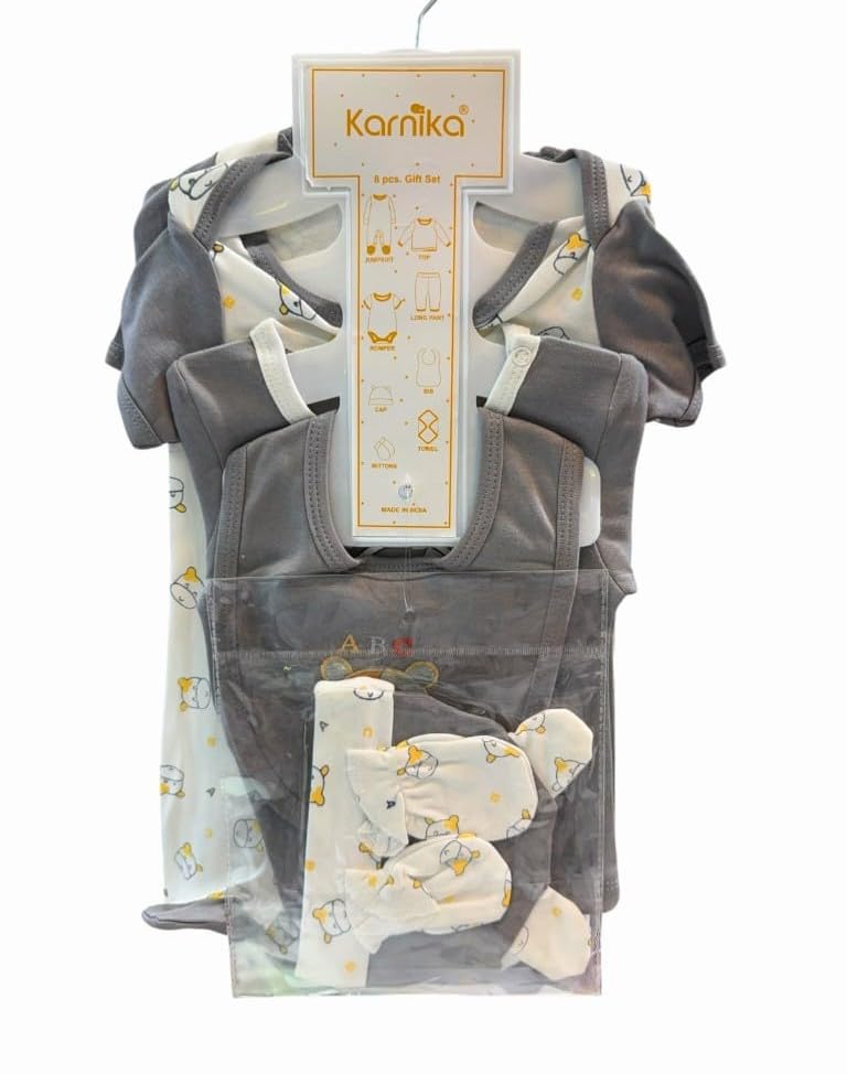 Image of A.Z.FASHIONS New Born Baby Gift Set | 8 Piece Cotton Clothing Essentials Kit | Full Sleeves Dress Just Born Baby Boy & Girl Set 0-3 Months | Kids Cotton Set