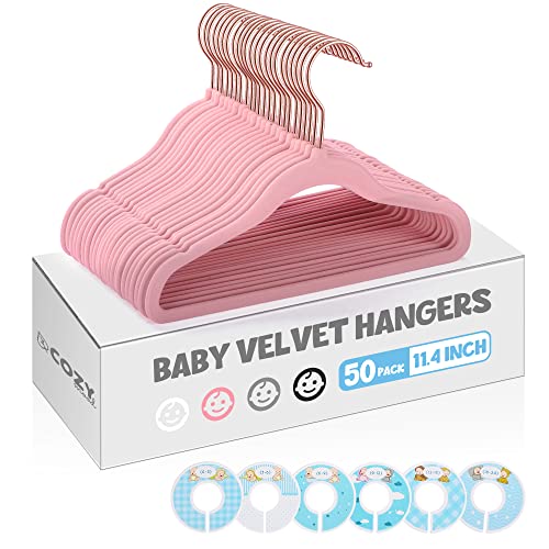 Image of COZYMOOD Velvet Baby Hangers for Closet, 50 Pack, Non-Slip, Space Saver, Ultra-Thin, Small Hangers for Infant & Toddler Clothes, Pink