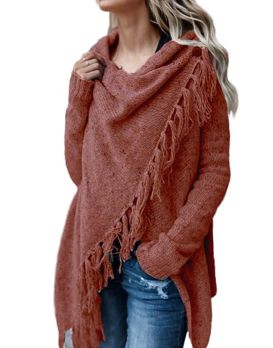 Image of Women's Open Front Knited Tassels Slash Loose Cardigan Crew Neck Speckled Fringe Sweater Outwear