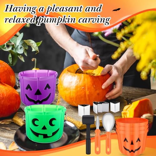 Lanties 48 Pcs Halloween Pumpkin Carving Kit Pumpkin Carving Tools 24 Pcs Stainless Steel Pumpkins Carve Stencils, 6 Gut Buckets, Easy Safe 18 Carve Tools Set for Halloween Decorations by Lanties - Image 6