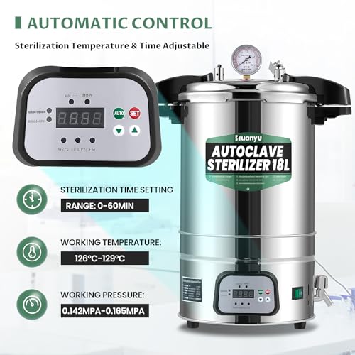 Huanyu 18L Autoklav Sterilisator Automatischer Dampf-Autoklav Intelligente Steuerung Labor Elektrische Autoklaven Temperatur & Zeit Einstellbare Hochdruck-Dampf-Sterilisator