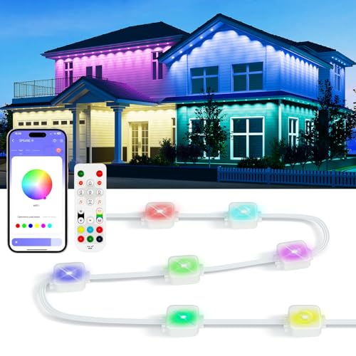 Permanent Outdoor Lights, 105ft Smart RGB with 60 LED Eaves Lights, IP68 Waterproof, 75 Scene Modes for Halloween Decorations, Christmas, and Daily Lighting—Compatible with Alexa and Google Assistant