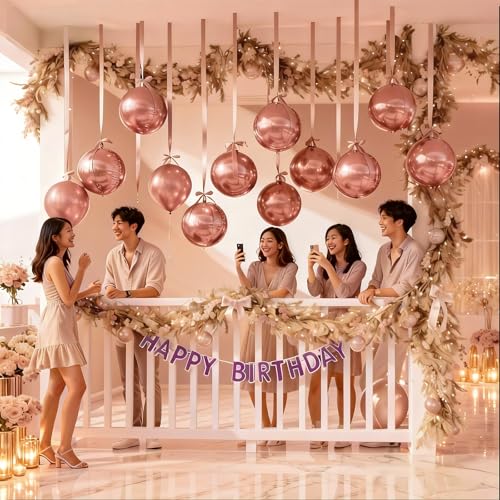 Image of 14 Pcs Rose Gold Round Foil Balloons 22 /15 /10 4D Ball Balloons Rose Metallic Balloon Ornament Mylar Balloon Chrome for Women Birthday Graduation Wedding Anniversary New Year Disco Party Decor
