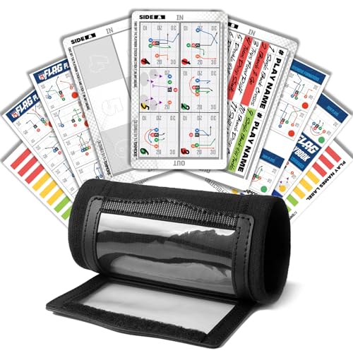 1NMORE 5v5, 7v7 Football Wristbands with Playbook System, Quarterback Wrist Coach for Youth, Flag Football Wrist Bands with Plays Stickers & PVC Cards (Black, 5 on 5) (Black, 5 on 5)