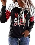 Merry Christmas Buffalo Plaid Leopard Tree Hoodie Shirt Women Christmas Color Block Plaid Long Sleeve T-Shirt Tops (XX-Large, Black)