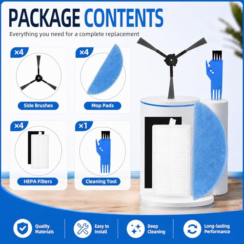 Image of SONGRUI Replacement Accessories Kit Compatible with Ecovacs Deebot Y1 Pro | 13PCS Vacuum Cleaner Parts Includes 4 Mop Pads, 4 Filters, 4 Side Brushes & Cleaning Brush