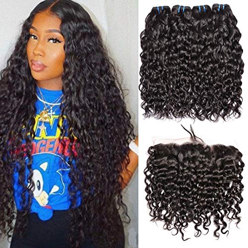 Brazilian Water Wave 3 Bundles With Frontal Closure Free Part Wet And Wavy 9A Virgin Brazilian Human Hair Bundles With 13x4 Lace Frontal Closure (16 18 20 + Fr 14)