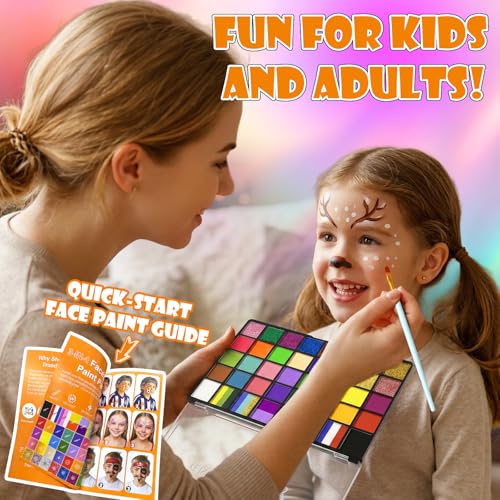 Face Painting Kit for Kids - 40 Color Pro Facepaint Palette Non-Toxic Water Activated, Complete Kit with Brush, Stencil, Sponge, for Birthday Parties, Carnival, Costume Makeup, Festivals & Events