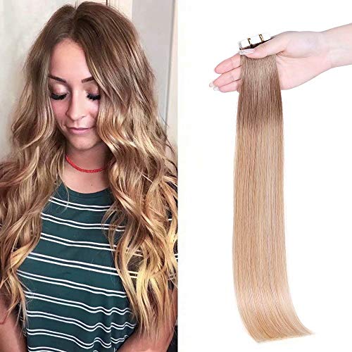 Maxfull Blonde Ombre Tape In Hair Extensions Human Hair, Double Sided Semi-Permanent Real Remy Balayage Hair Extensions, 20pcs, 18inch, 50g
