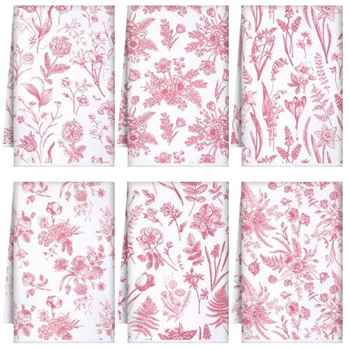 Boyiee 6 Sets Vintage Flower Kitchen Towels Pink...