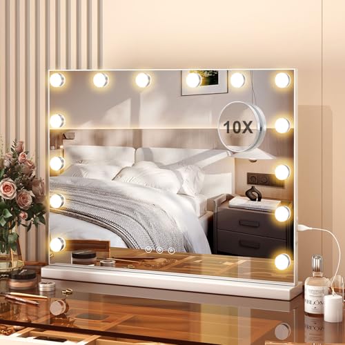 Aovquof Hollywood Specchio Trucco con Luci, 50x40cm Specchio LED con 14 Lampadine Dimmerabili, 3 Modalità, USB e Ingrandimento 10x, Controllo Tattile, Tavolo o Supporto da Parete per Camera da Letto