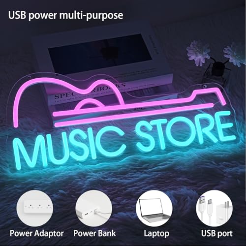 Image of Music Store Neon Sign for Wall Decor, Dimmable Guitar Neon Light, USB Powered Guitar LED Light Signs for Bedroom Studio Music Live Record Club Bar Party