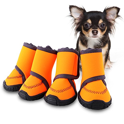 HaveGet Waterproof Dog Shoes Fluorescent Orange Dog Boots Adjustable Straps and Rugged Anti-Slip