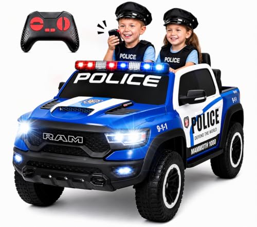 Image of 24V Licensed Dodge RAM Mammoth 1000 Ride On Police Car, 2-Seater Electric Ride On Truck with Remote Control, Power Wheels Toy Siren, Flashing Lights, Music, Bed Storage, Gift for Boys Girls, Blue