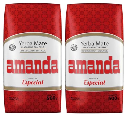 Yerba Mate Amanda Selección Especial Amanda Roja Sin Gluten Pack Ahorro 2 x 500 g (1 kg) Mate Argentino Tradicional Energía Natural, Antioxidante Apta Celíacos