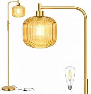 Ruiever Glass Floor Lamp for Living Room, Dimmer Standing Lamp with Green Ribbed Lampshade,66” Tall Lamp & Gold Floor Lamp for Bedroom Study Room,Brushed Gold (Drum Amber Glass Shade)