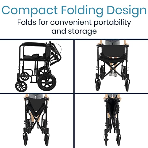 Vive Mobility Folding Transport Wheelchair - Steel Chair With Hand Brake - Lightweight, Foldable, Travel Manual Mobility Aid - Ultralight Comfortable 19 Inch Wide Bariatric Handicap Seat (Black) #TOP2