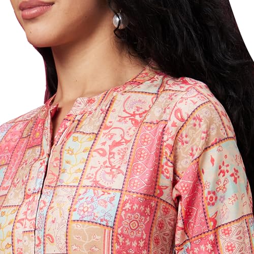 Image of Globus Coral Mandarin Collar All Over Printed Belted Dress
