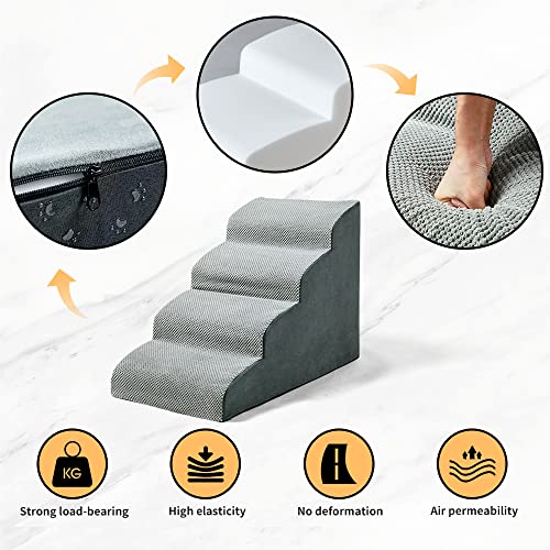 Inrlkit Dog Stairs/Ramp For Bed, 4 Tiers High Density Foam Dog Steps For Couch,Sofa, Non-Slip Grey Pet Stairs 19.7" High For Small Dogs, Cats, Older Dogs And Injured Dogs-With 1 Rope Toy #TOP3