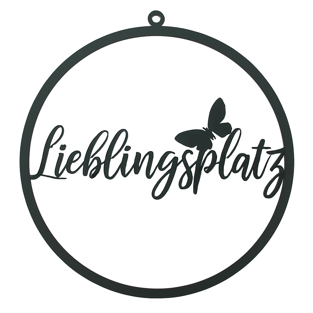 khevga Wanddeko Lieblingsplatz Ø 30 cm – Schwarzer Metall Hänger mit Schriftzug & Schmetterling – Deko für Wand Fenster Balkon Garten
