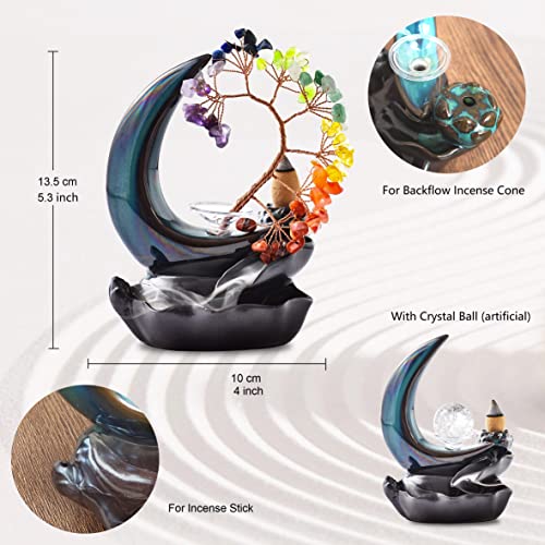 Backflow Incense Holder With Crystal Tree, Ceramic Moon Incense Burner With Money Tree For Cone And Stick Incense #TOP3